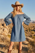 Off The Shoulder Tiered Sleeve Charming Denim Dress VD83366: Washed Denim