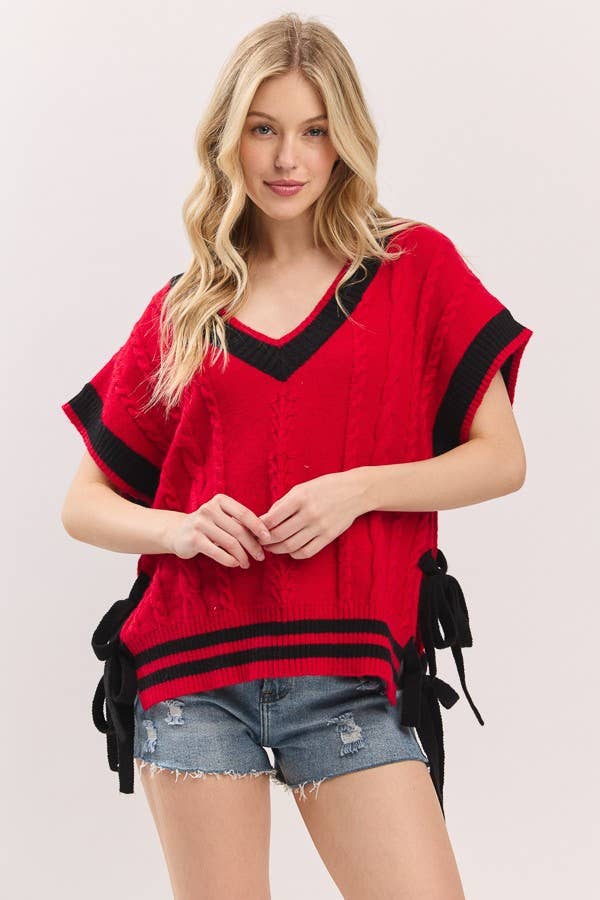 Gameday Cable Knit Varsity Sweater Vest: RED/BLACK