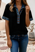 LDC Denim Contrast Trim Patchwork Polo Collar Top| S-4X: Black