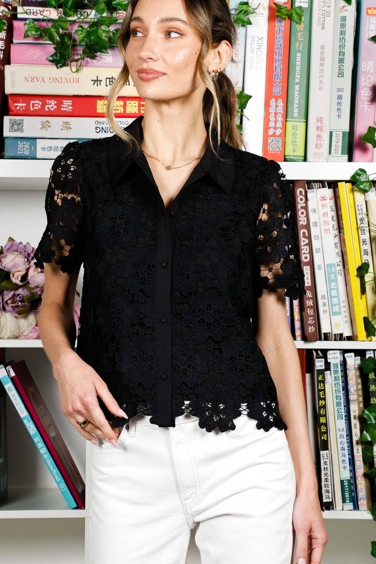 Hollow Out Eyelet Lace Collared Neck Blouse VT82235: Black