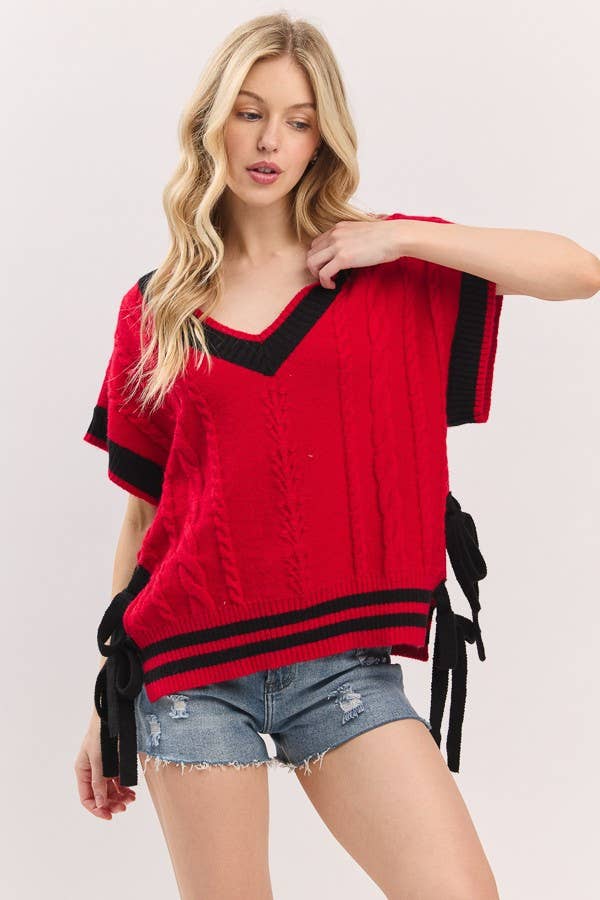 Gameday Cable Knit Varsity Sweater Vest: RED/BLACK
