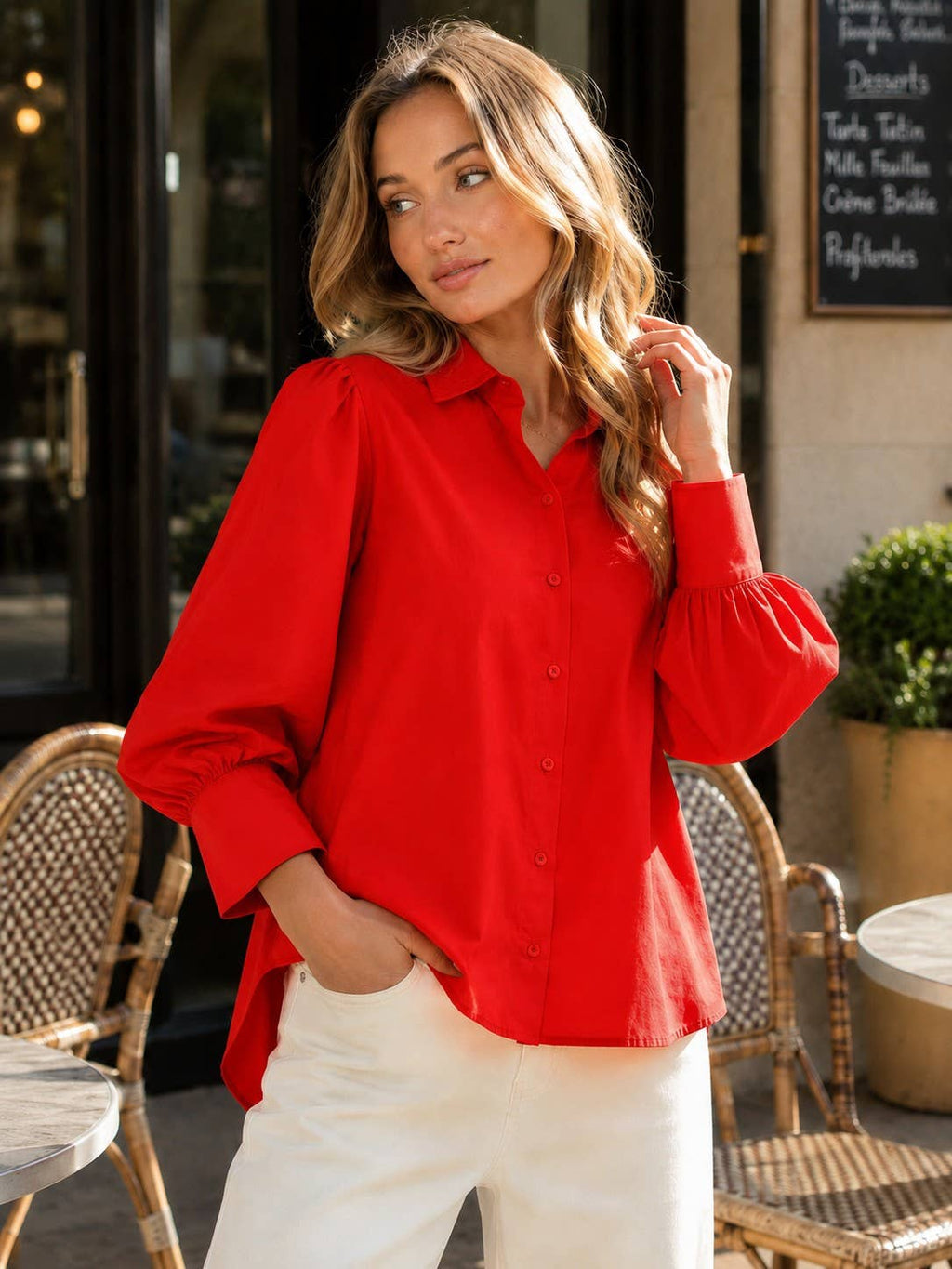 Short Puff Sleeve Button Down Shirt Top VT83244: Red