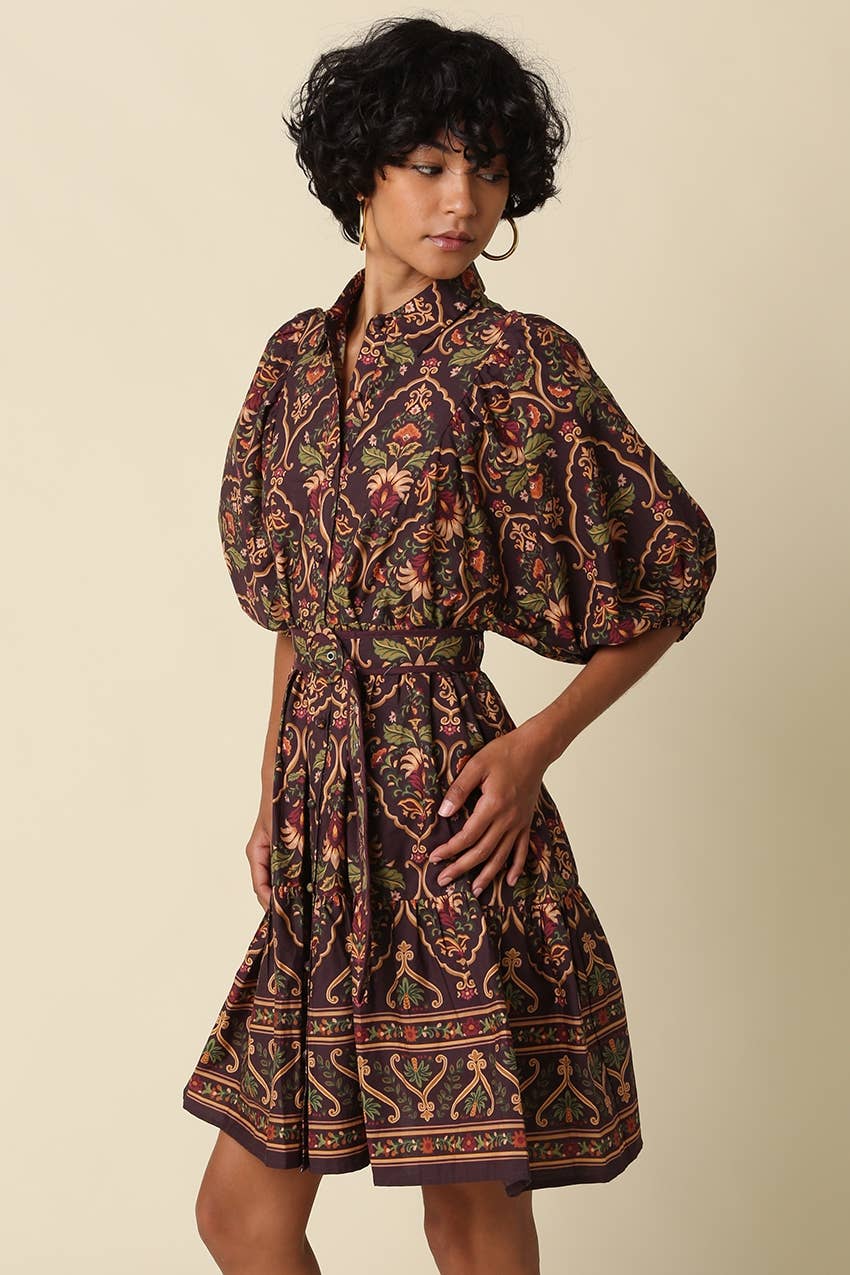 Odette Belted Paisley Print Mini Dress: CHOCOLATE MULTI