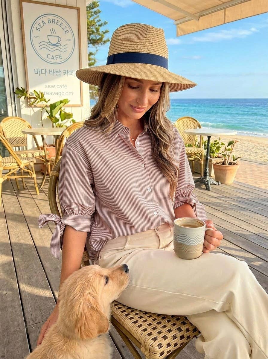 Bow Tie Accent Short Sleeve Stripe Blouse Top VT83168: Brown