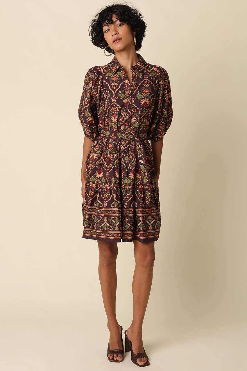 Odette Belted Paisley Print Mini Dress: CHOCOLATE MULTI
