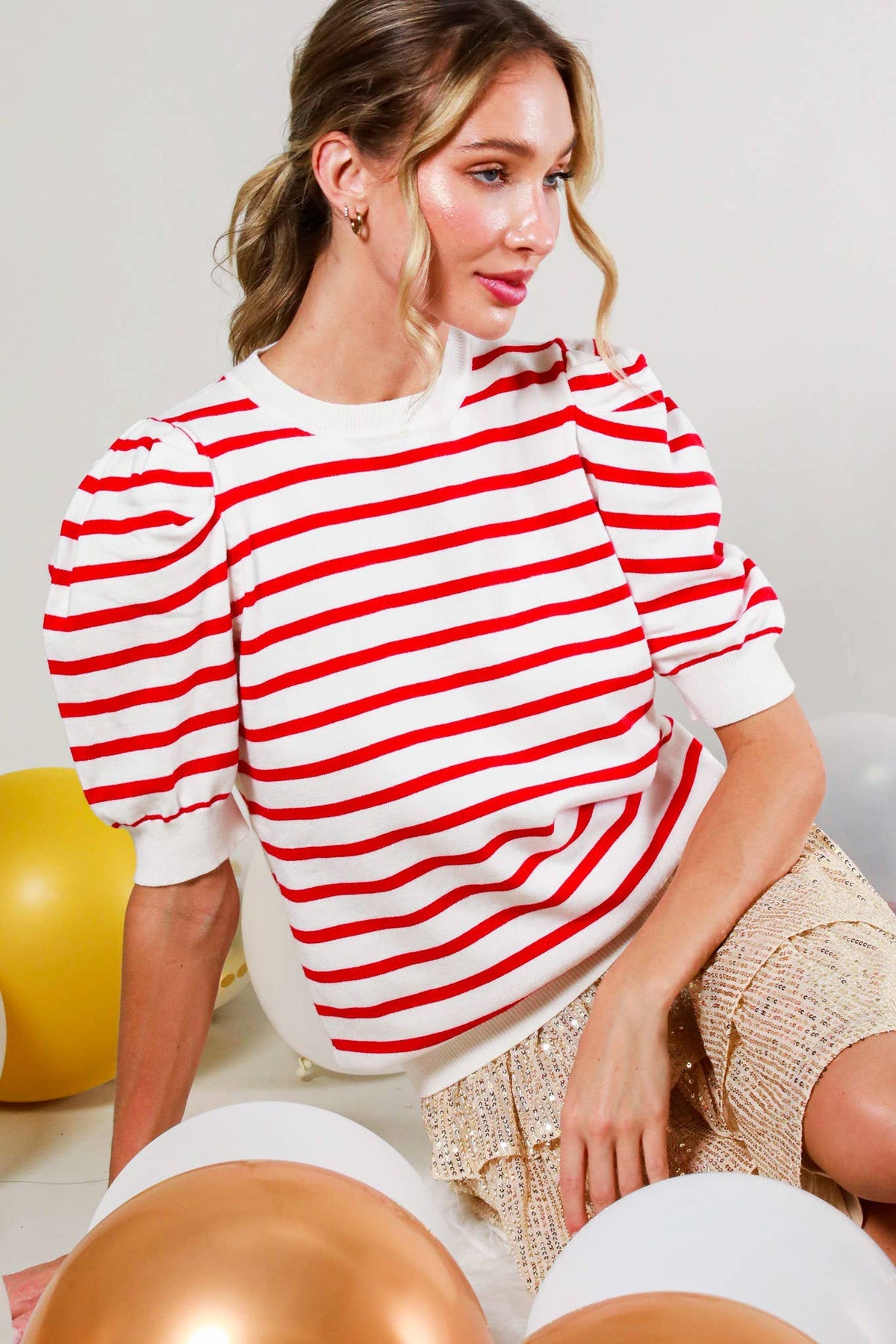 Striped Crew Neck Puff Sleeve Knitted Sweater VT81344A: Red