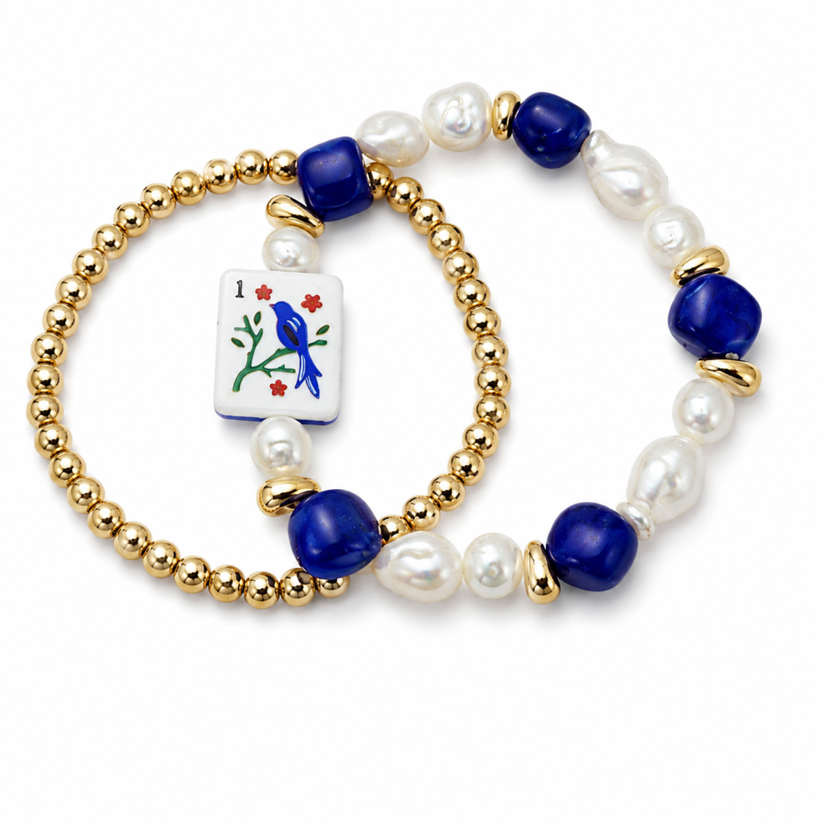 Ellison+Young Mahjong Tile Beaded Bracelet, 2-Piece Set: Blue Bird
