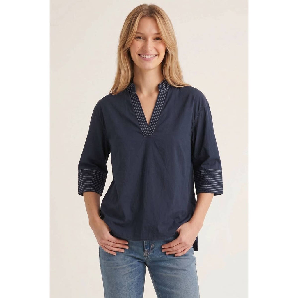 Contrast Stitch Detail Popover Blouse: Black